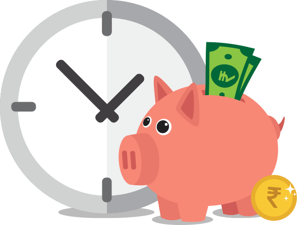 mf yadnya graphic image- here displayed piggy bank and money with future time clock.